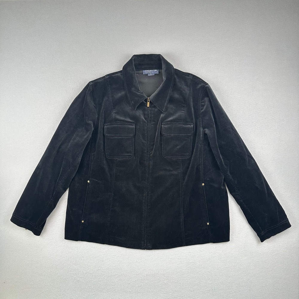 Jones New York Jacket Women 2X Black Velvet Zip Up Long Sleeve Utility Signature